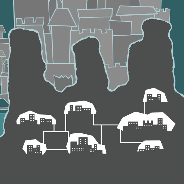 In side view, a tall cluster of towers and bridges sits atop a rocky coast, all drawn in rough lines and irregular angles. Below is a cut-away view of a network of neat, brightly-lit caves and tunnels with more modern-looking buildings, all drawn in very clean and regular lines. The entire piece is colored in shades of grey and teal. Surrounding the illustration are the expected textual elements of such a newspaper, featuring “Call it Cogstown” as the headline.